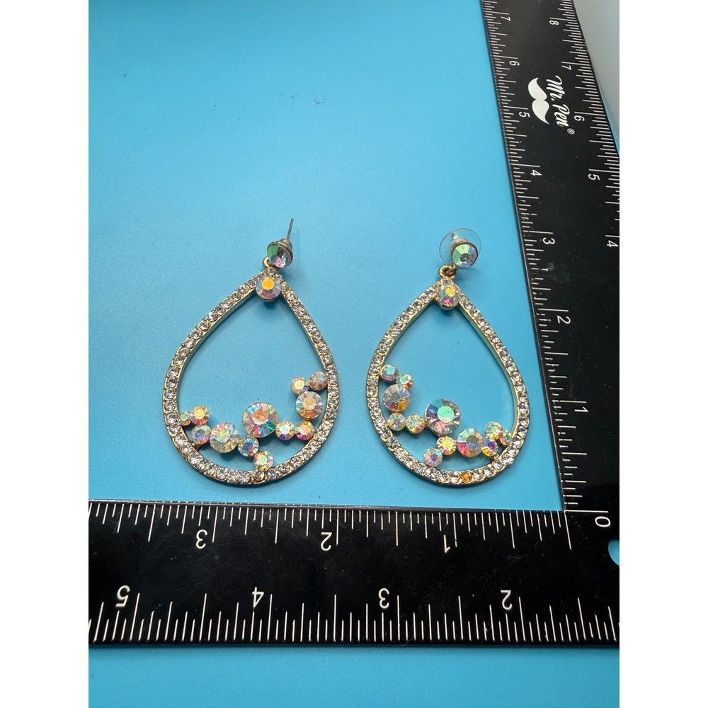 Gold Tone AB Rhinestone Teardrop Statement Earrings Iridescent Dangle Pageant